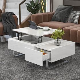 [VIDEO provided] ON-TREND Multi-functional Coffee Table with Lifted Tabletop, Contemporary Cocktail Table with Metal Frame Legs, High-gloss Surface Di