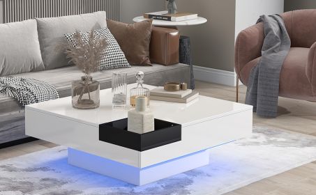 ON-TREND Modern Minimalist Design 31.5*31.5in Square Coffee Table with Detachable Tray and Plug-in 16-color LED Strip Lights Remote Control for Living