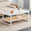 Modern minimalist white double layered solid wood coffee table. Glass tabletop, imitation rattan edge table. Rectangular table suitable for living roo