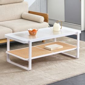 Modern minimalist white double layered solid wood coffee table. Glass tabletop, imitation rattan edge table. Rectangular table suitable for living roo