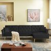 Modern Velvet Upholstered Reversible Sectional Sofa Bed ; L-Shaped Couch with Movable Ottoman and Nailhead Trim For Living Room. (Black)