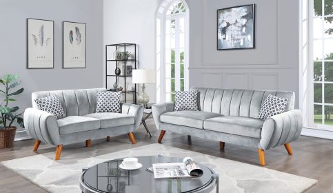 Contemporary 2-Pcs Sofa Set Living Room Furniture Light Gray Velvet Couch Sofa And Loveseat Plush Cushion Unique Lines Plush Sofa.