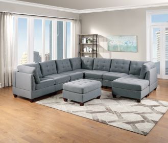 Modular Sectional 9pc Set Living Room Furniture Corner Sectional Tufted Nail heads Couch Gray Linen Like Fabric 3x Corner Wedge 4x Armless Chairs and