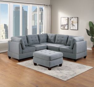 Modular Sectional 6pc Set Living Room Furniture Corner Sectional Tufted Nail heads Couch Gray Linen Like Fabric 3x Corner Wedge 2x Armless Chairs and