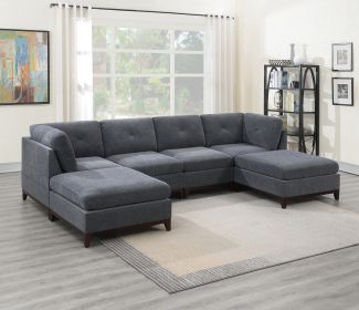 Ash Grey Chenille Fabric Modular Sectional 6pc Set Living Room Furniture U-Sectional Couch 2x Corner Wedge 2x Armless Chairs and 2x Ottomans Tufted Ba