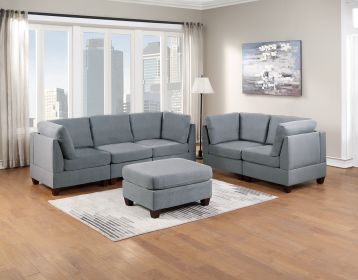 Modular Sofa Set 6pc Set Living Room Furniture Sofa Loveseat Couch Grey Linen Like Fabric 4x Corner Wedge 1x Armless Chair and 1x Ottoman