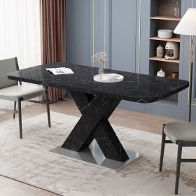 Modern Square Dining Table,Stretchable,Printed Black Marble Table Top+MDF X-Shape Table Leg with Metal Base