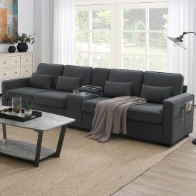 [VIDEO provided] [New] 114.2" Upholstered Sofa with Console, 2 Cupholders and 2 USB Ports Wired or Wirelessly Charged, Modern Linen Fabric Couches wit