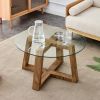 Modern practical circular coffee and tea tables. Made of transparent tempered glass tabletop and wood colored MDF material. Suitable for living rooms