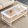 Modern minimalist white double layered solid wood coffee table. Glass tabletop, imitation rattan edge table. Rectangular table suitable for living roo