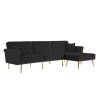 Modern Velvet Upholstered Reversible Sectional Sofa Bed ; L-Shaped Couch with Movable Ottoman and Nailhead Trim For Living Room. (Black)