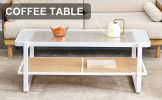 Modern minimalist white double layered solid wood coffee table. Glass tabletop, imitation rattan edge table. Rectangular table suitable for living roo