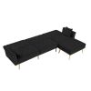 Modern Velvet Upholstered Reversible Sectional Sofa Bed ; L-Shaped Couch with Movable Ottoman and Nailhead Trim For Living Room. (Black)