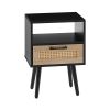 15.75" Rattan End table with drawer and solid wood legs, Modern nightstand, side table for living room, bedroom, black