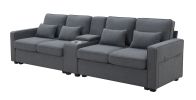 [VIDEO provided] [New] 114.2" Upholstered Sofa with Console, 2 Cupholders and 2 USB Ports Wired or Wirelessly Charged, Modern Linen Fabric Couches wit