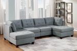 Modular Sectional 6pc Set Living Room Furniture U-Sectional Tufted Nail heads Couch Gray Linen Like Fabric 2x Corner Wedge 2x Armless Chairs and 2x Ot