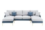 Modern large area Linen+Leathaire fabric color matching segmented sofa, ultra wide lounge chair, golden legs, U-shaped, blue+light gray