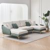 Modern large area Linen+Leathaire fabric color matching segmented sofa, ultra wide lounge chair, golden legs, U-shaped, Cyan+white