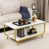 2-Tier Faux Marble Top Rectangular Coffee Table with Metal Frame