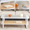 Modern minimalist white double layered solid wood coffee table. Glass tabletop, imitation rattan edge table. Rectangular table suitable for living roo