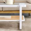 Modern minimalist white double layered solid wood coffee table. Glass tabletop, imitation rattan edge table. Rectangular table suitable for living roo