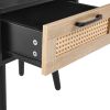 15.75" Rattan End table with drawer and solid wood legs, Modern nightstand, side table for living room, bedroom, black