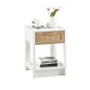 15.75" Rattan End table with drawer, Modern nightstand, side table for living room, bedroom,white