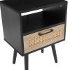 15.75" Rattan End table with drawer and solid wood legs, Modern nightstand, side table for living room, bedroom, black