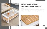 Modern minimalist white double layered solid wood coffee table. Glass tabletop, imitation rattan edge table. Rectangular table suitable for living roo