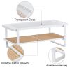 Modern minimalist white double layered solid wood coffee table. Glass tabletop, imitation rattan edge table. Rectangular table suitable for living roo