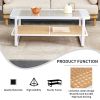 Modern minimalist white double layered solid wood coffee table. Glass tabletop, imitation rattan edge table. Rectangular table suitable for living roo