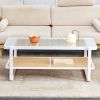 Modern minimalist white double layered solid wood coffee table. Glass tabletop, imitation rattan edge table. Rectangular table suitable for living roo