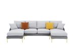 Modern large area Linen+Leathaire fabric color matching segmented sofa, ultra wide lounge chair, golden legs, U-shaped, double grey color