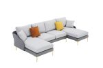 Modern large area Linen+Leathaire fabric color matching segmented sofa, ultra wide lounge chair, golden legs, U-shaped, double grey color