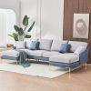 Modern large area Linen+Leathaire fabric color matching segmented sofa, ultra wide lounge chair, golden legs, U-shaped, blue+light gray