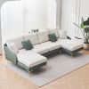 Modern large area Linen+Leathaire fabric color matching segmented sofa, ultra wide lounge chair, golden legs, U-shaped, Cyan+white