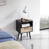 15.75" Rattan End table with drawer and solid wood legs, Modern nightstand, side table for living room, bedroom, black