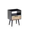 15.75" Rattan End table with drawer and solid wood legs, Modern nightstand, side table for living room, bedroom, black