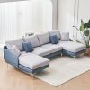 Modern large area Linen+Leathaire fabric color matching segmented sofa, ultra wide lounge chair, golden legs, U-shaped, blue+light gray