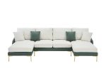 Modern large area Linen+Leathaire fabric color matching segmented sofa, ultra wide lounge chair, golden legs, U-shaped, Cyan+white