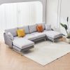 Modern large area Linen+Leathaire fabric color matching segmented sofa, ultra wide lounge chair, golden legs, U-shaped, double grey color