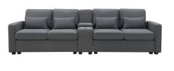 [VIDEO provided] [New] 114.2" Upholstered Sofa with Console, 2 Cupholders and 2 USB Ports Wired or Wirelessly Charged, Modern Linen Fabric Couches wit