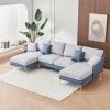 Modern large area Linen+Leathaire fabric color matching segmented sofa, ultra wide lounge chair, golden legs, U-shaped, blue+light gray