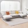 Modern large area Linen+Leathaire fabric color matching segmented sofa, ultra wide lounge chair, golden legs, U-shaped, gray+white