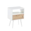 15.75" Rattan End table with drawer and solid wood legs, Modern nightstand, side table for living room, bedroom, white