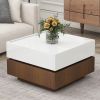 ON-TREND Multi-functional Square 360¬∞Rotating Coffee Table with 2 Drawers, High Gloss 2-Tier Center Table with Swivel Tabletop and Storage, Walnut Ta