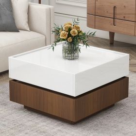 ON-TREND Multi-functional Square 360¬∞Rotating Coffee Table with 2 Drawers, High Gloss 2-Tier Center Table with Swivel Tabletop and Storage, Walnut Ta (Color: as Pic)