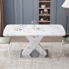 Modern Square Dining Table;  Stretchable;  Printed Black/white Marble +MDF X-Shape Table Leg with Metal Base