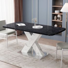 Modern Square Dining Table;  Stretchable;  Printed Black/white Marble +MDF X-Shape Table Leg with Metal Base (Color: Black White)