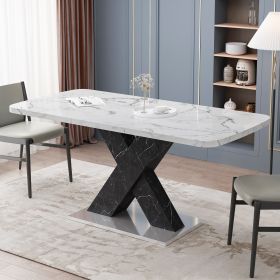 Modern Square Dining Table;  Stretchable;  Printed Black/white Marble +MDF X-Shape Table Leg with Metal Base (Color: White+Black)